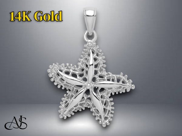 14K Yellow White Gold Starfish Filigree Charm with Necklace Chain Options