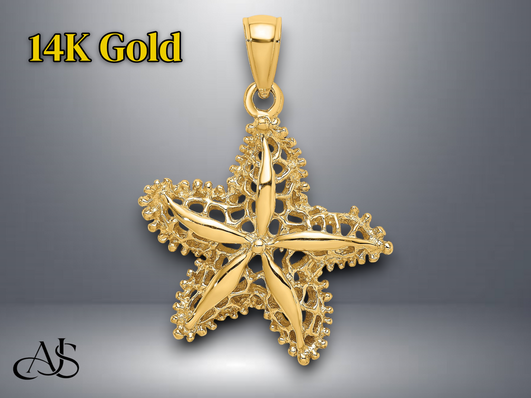 14K Yellow White Gold Starfish Filigree Charm with Necklace Chain Options