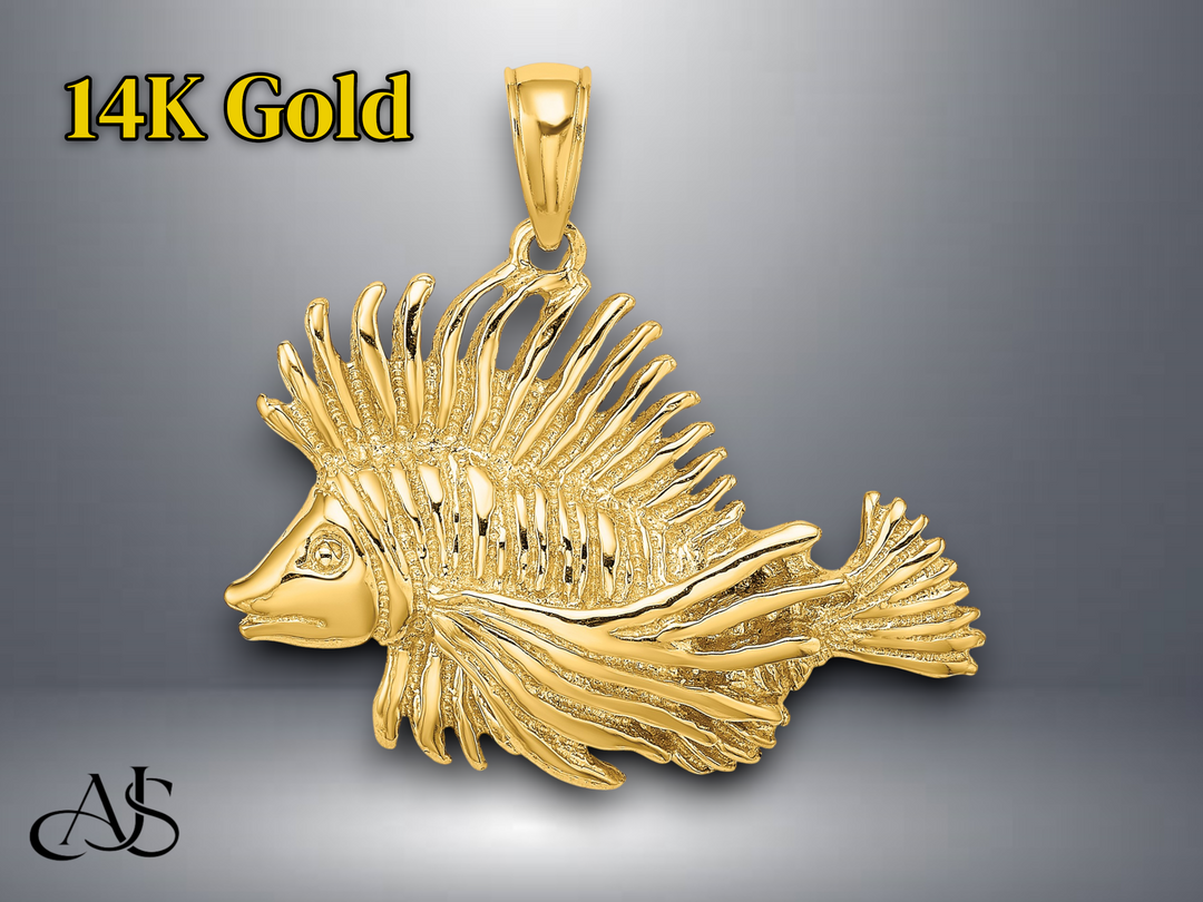 14K Yellow Gold 2-D Polished Textured Lion Fish Charm with Necklace Chain Options