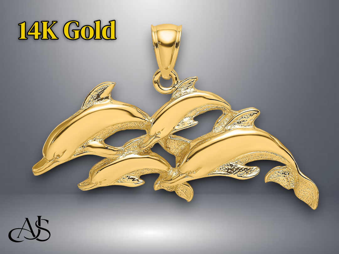 14K Yellow Gold Polished Four Dolphins Swimming Charm with Necklace Chain Options