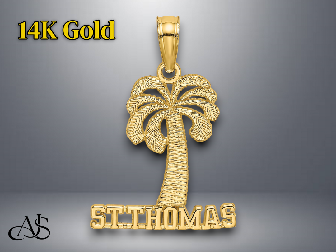 14K Yellow Gold ST. THOMAS Under Palm Tree Charm with Necklace Chain Options