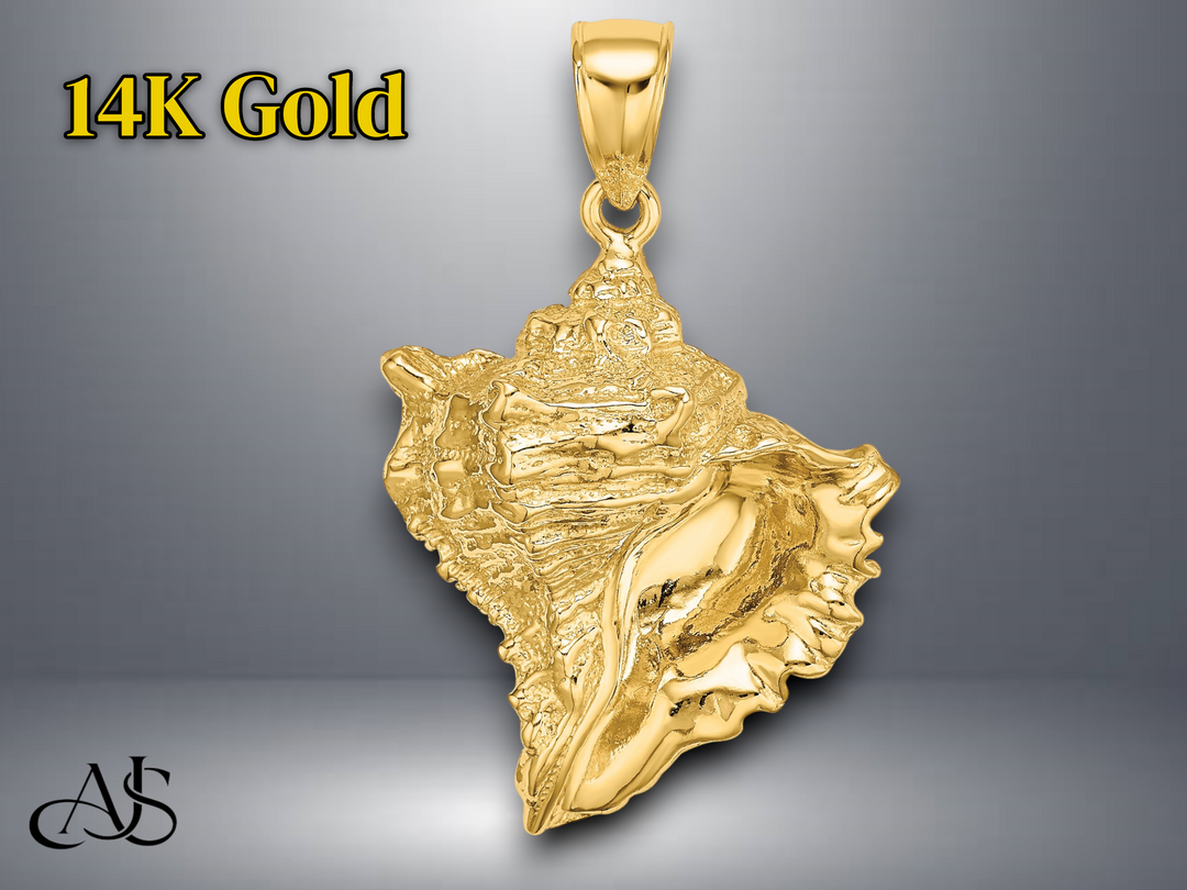 14K Yellow Gold Texture 2-D Conch Shell Charm with Necklace Chain Options