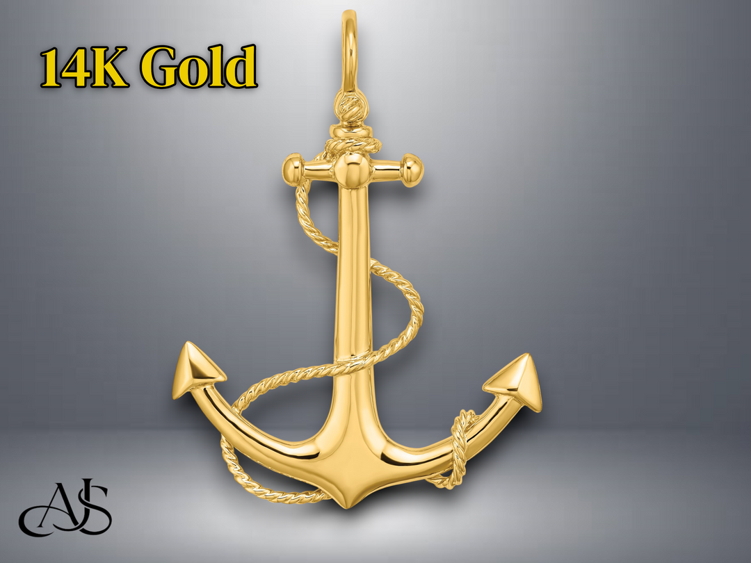 14K Yellow Gold 3-D Large Anchor and Rope Charm with Necklace Chain Options