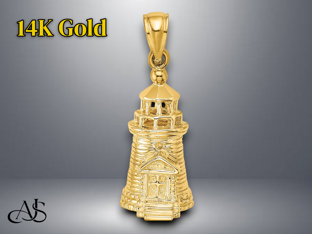 14K Yellow Gold 3-D Brant Point Lighthouse Nantucket Harbor Charm with Necklace Chain Options
