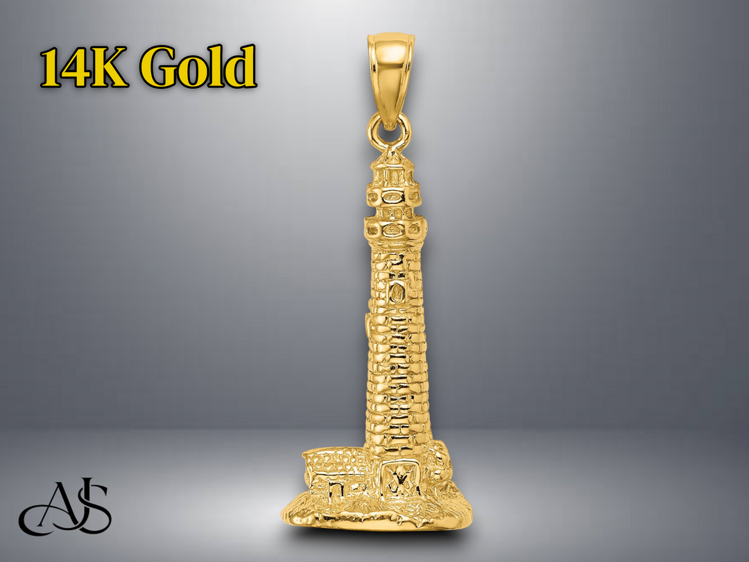 14K Yellow Gold 3D CAPE MAY NJ Lighthouse Charm with Necklace Chain Options