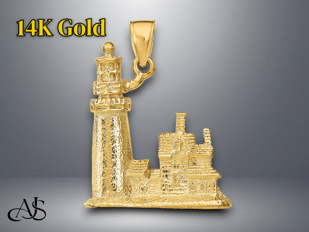 14K Yellow Gold 3D Cape Cod Lighthouse Pendant with Necklace Chain Options