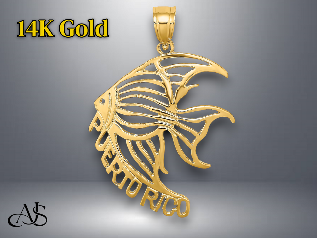 14K Yellow Gold Cut-Out PUERTO RICO Angelfish Charm with Necklace Chain Options