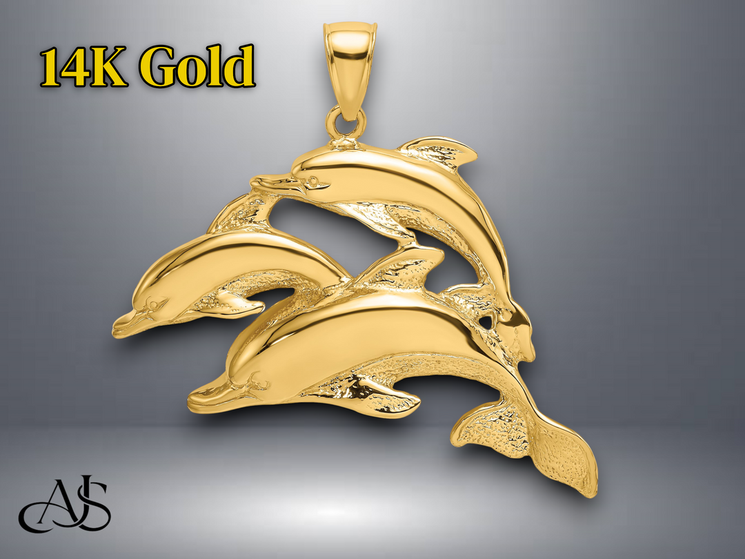 14K Yellow Gold 2-D Three Dolphins Charm with Necklace Chain Options