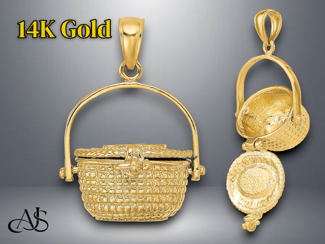 14K Yellow Gold 3-D Nantucket Basket Charm with Necklace Chain Options