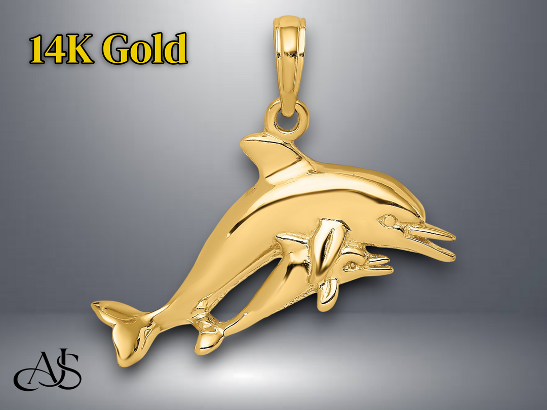 14K Yellow Gold 2-D Double Dolphins Swimming Charm with Necklace Chain Options