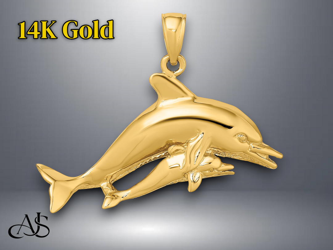 14K Yellow Gold 2-D Two Swimming Dolphins Charm with Necklace Chain Options