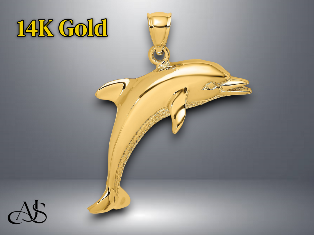 14K Yellow Gold Polished Jumping Dolphin Charm with Necklace Chain Options