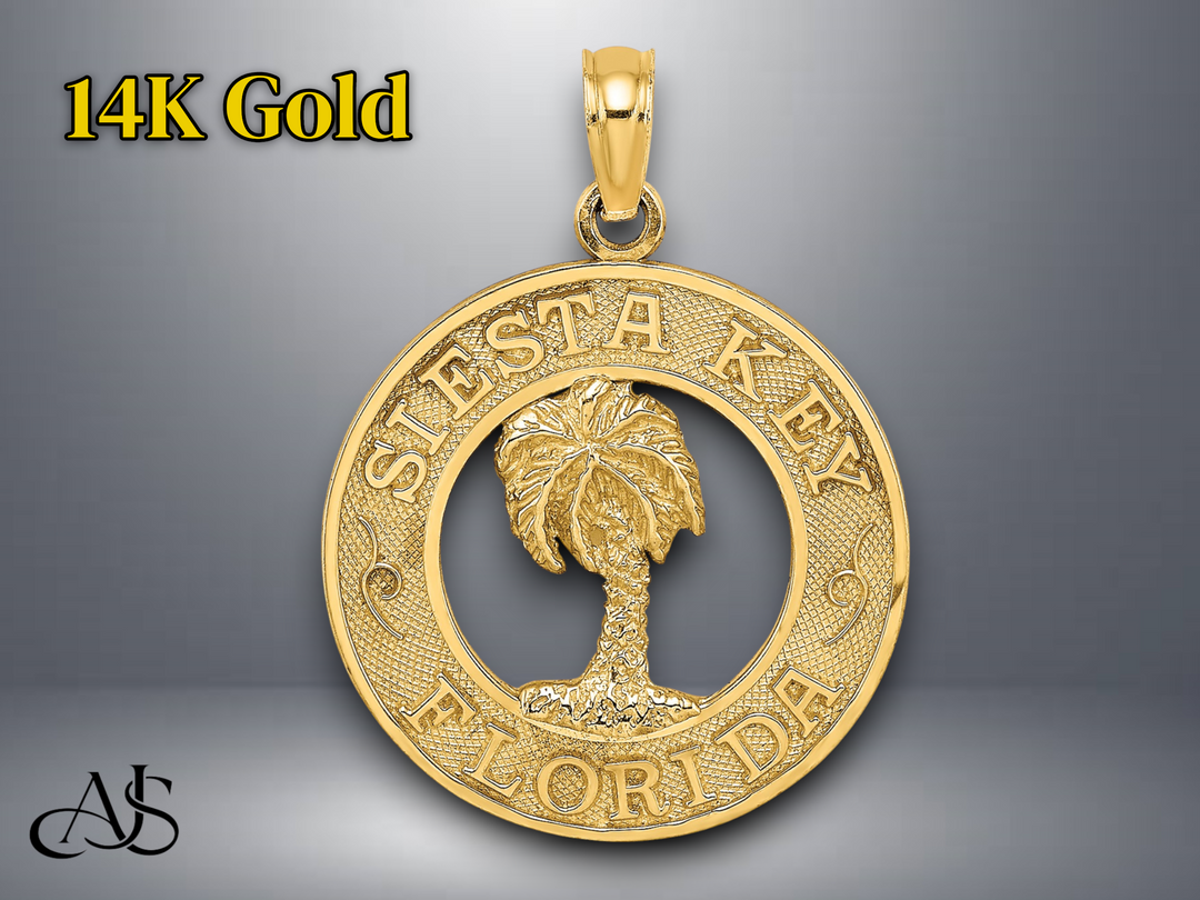 14K Yellow Gold SIESTA KEY FLORIDA Palm Tree Circle Charm with Necklace Chain Options