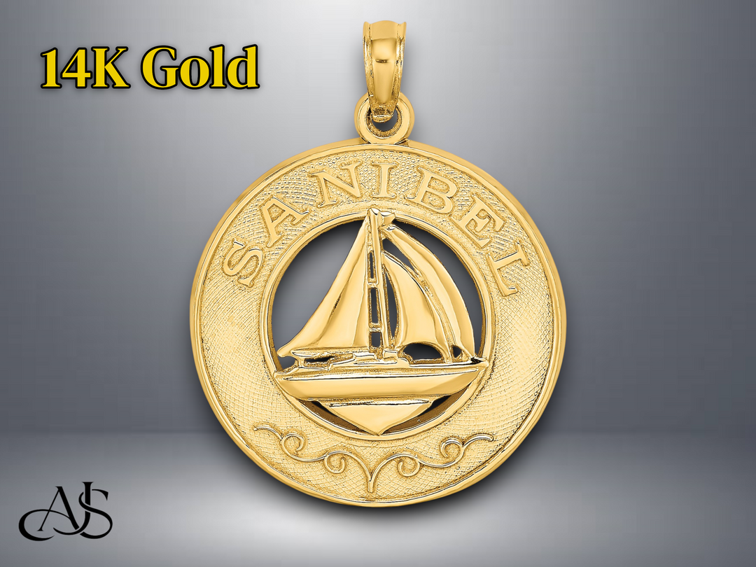 14K Yellow Gold SANIBEL with Sailboat Circle Charm with Necklace Chain Options
