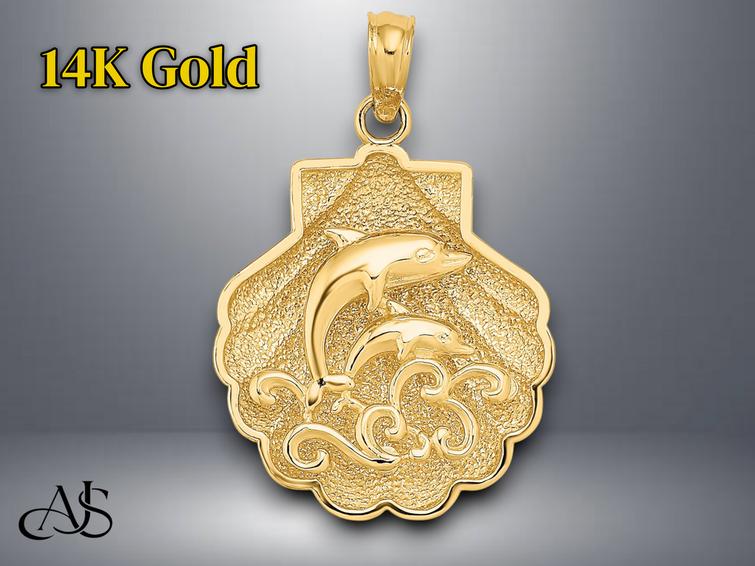 14K Yellow Gold Reversible Dolphins and Waves in Shell Charm with Necklace Chain Options