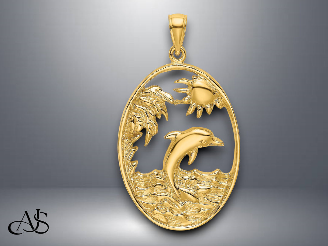14K Yellow Gold Dolphin Jumping in Ocean Scene Charm with Necklace Chain Options