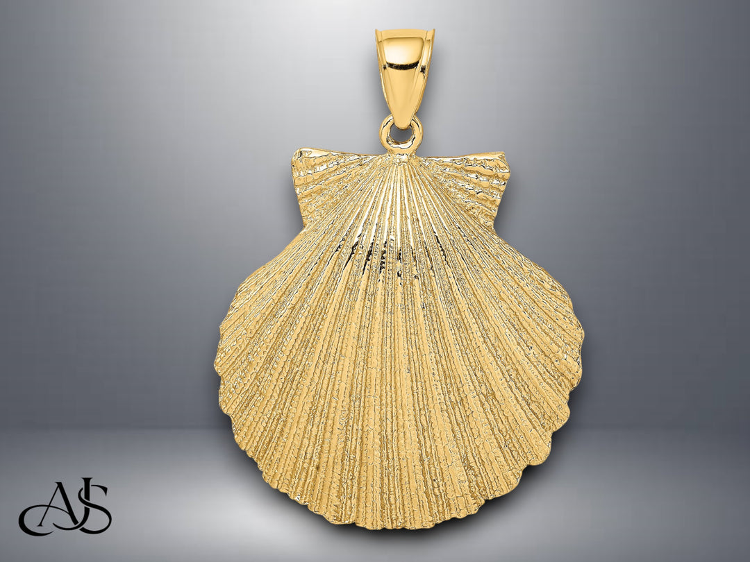 14K Yellow Gold Textured Scallop Shell Charm with Necklace Chain Options