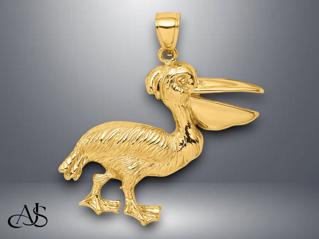 14K Yellow Gold Textured Pelican Charm with Necklace Chain Options