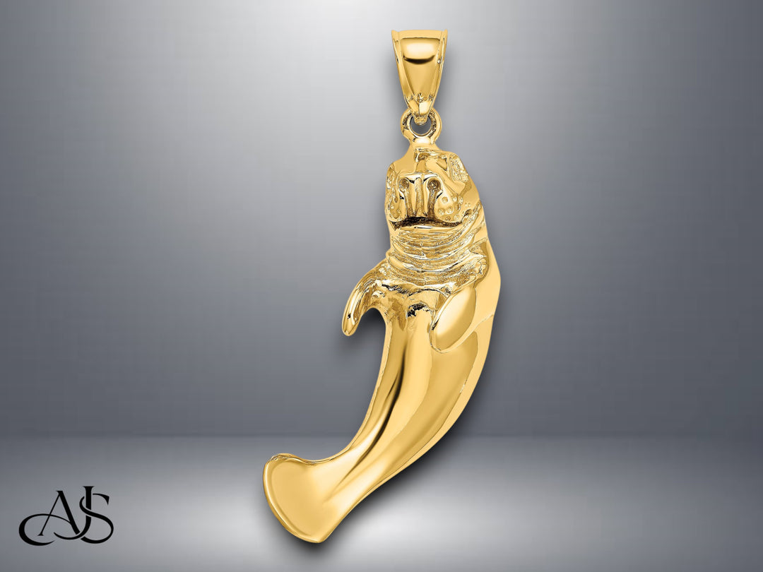 14K Yellow Gold 3-D Polished Manatee Charm with Necklace Chain Options