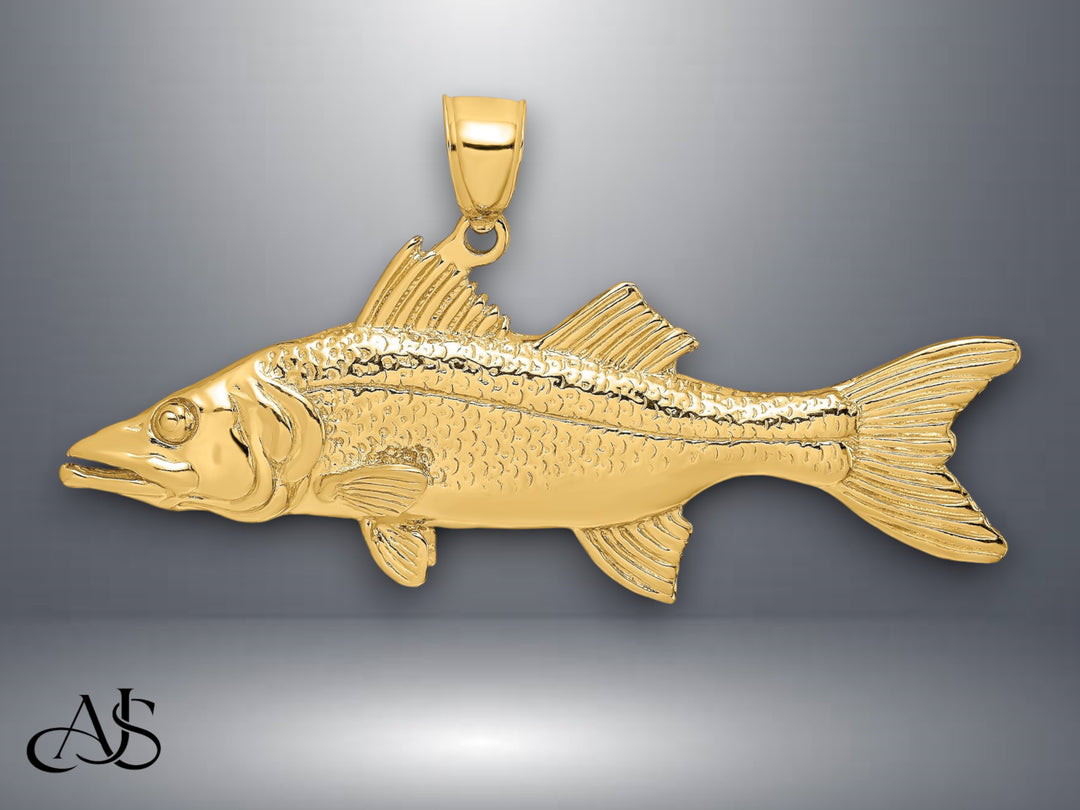 14K Yellow Gold 3-D Snook Fish Charm with Necklace Chain Options