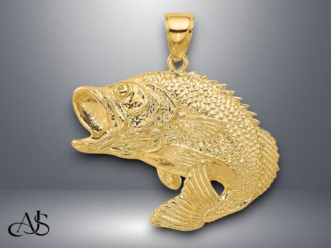 14K Yellow Gold 2-D Bass Fish Jumping Charm with Necklace Chain Options