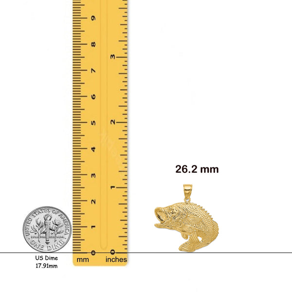 14K Yellow Gold 2-D Bass Fish Jumping Charm with Necklace Chain Options