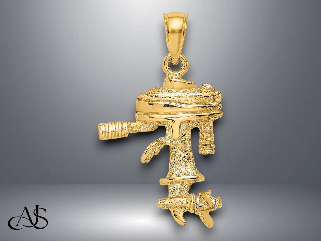 14K Yellow Gold 3-D Moveable Boat Engine Charm with Necklace Chain Options