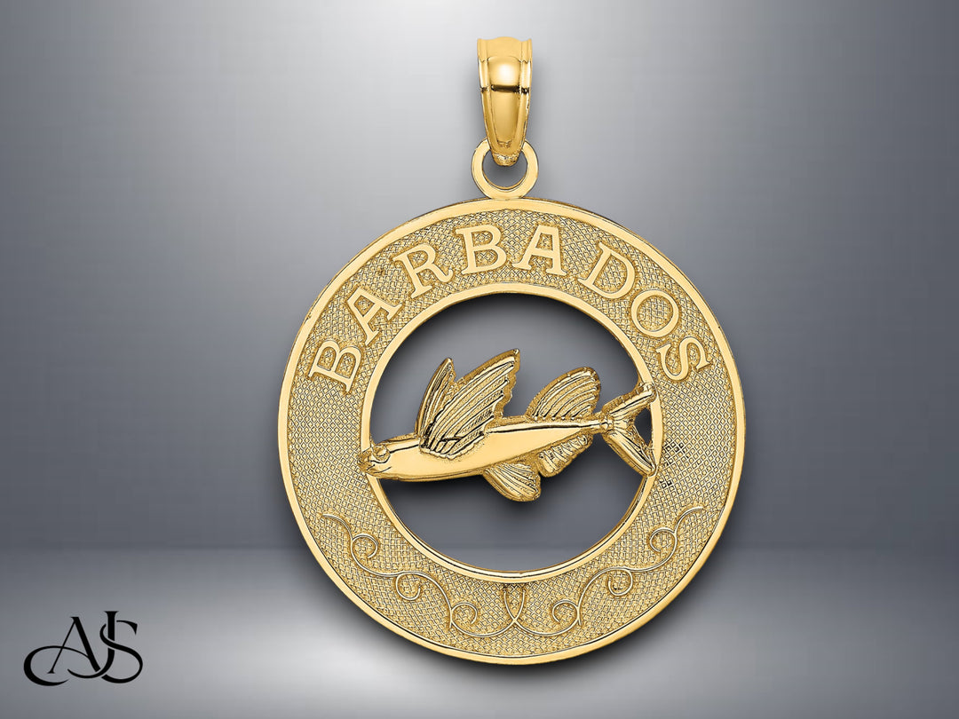 14K Yellow Gold BARBADOS Flying Fish Circle Charm with Necklace Chain Options