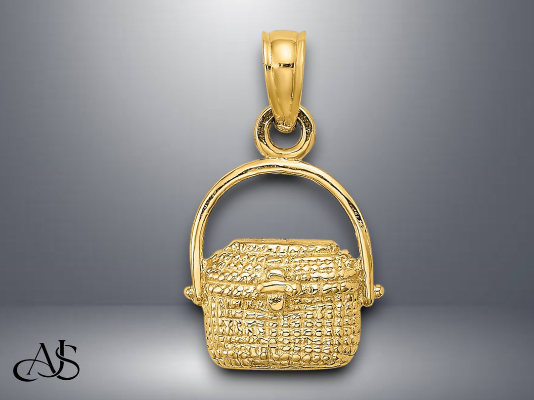 14K Yellow Gold 2-D Open Back Nantucket Basket Charm with Necklace Chain Options