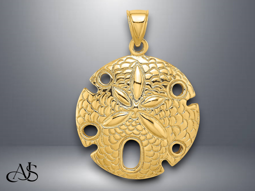 14K Yellow Gold Polished and Textured Large Sand Dollar Charm with Necklace Chain Options