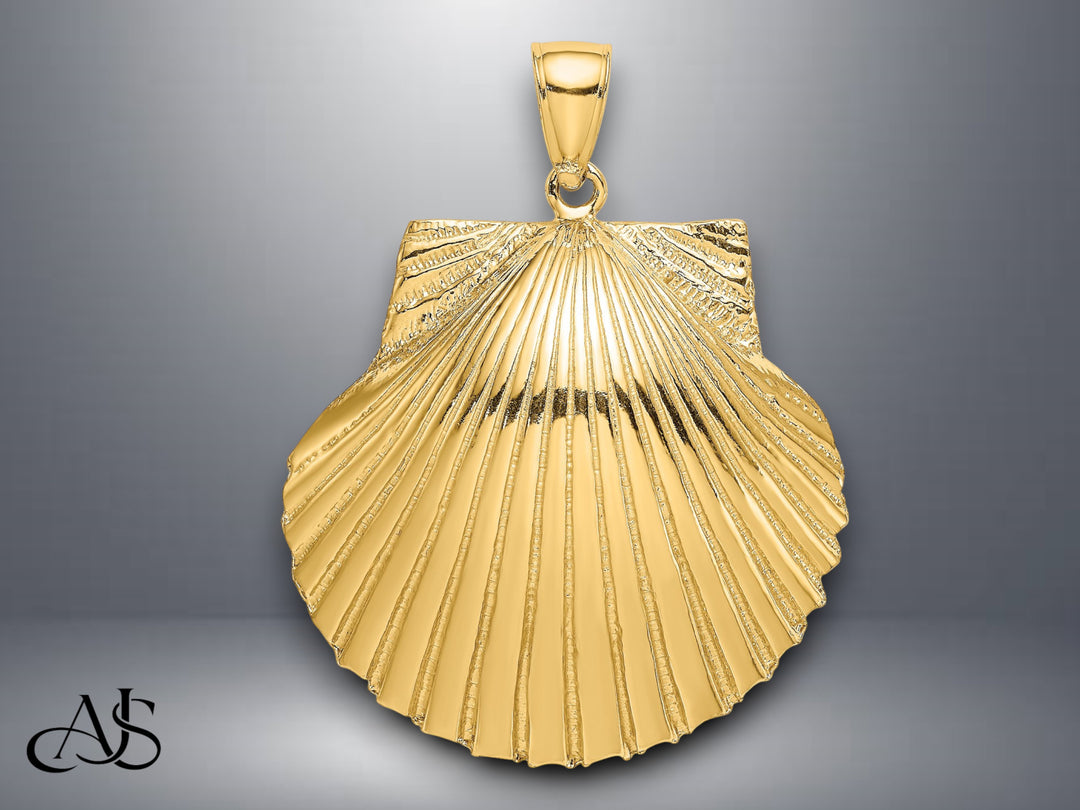 14K Yellow Gold 3-D Textured Scallop Shell Charm with Necklace Chain Options