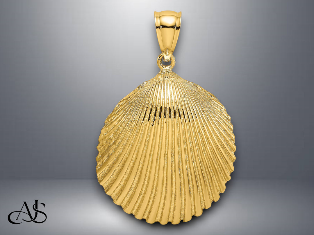 14K Yellow Gold Textured Scallop Shell Charm with Necklace Chain Options