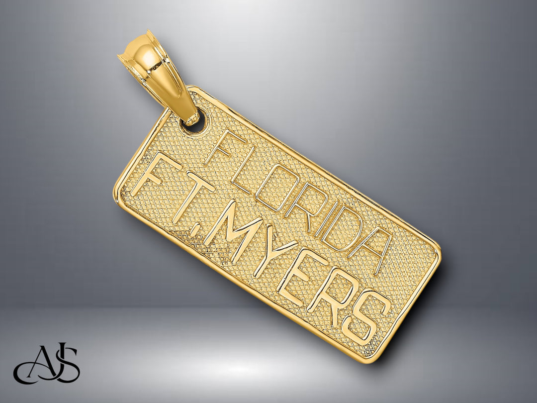 14K Yellow Gold Textured FT. MYERS FLORIDA License Plate Charm with Necklace Chain Options