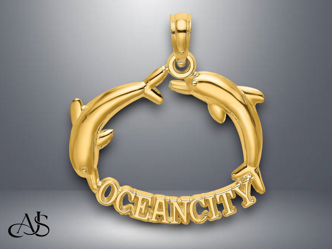 14K Yellow Gold Polished OCEAN CITY Jumping Dolphins Charm with Necklace Chain Options