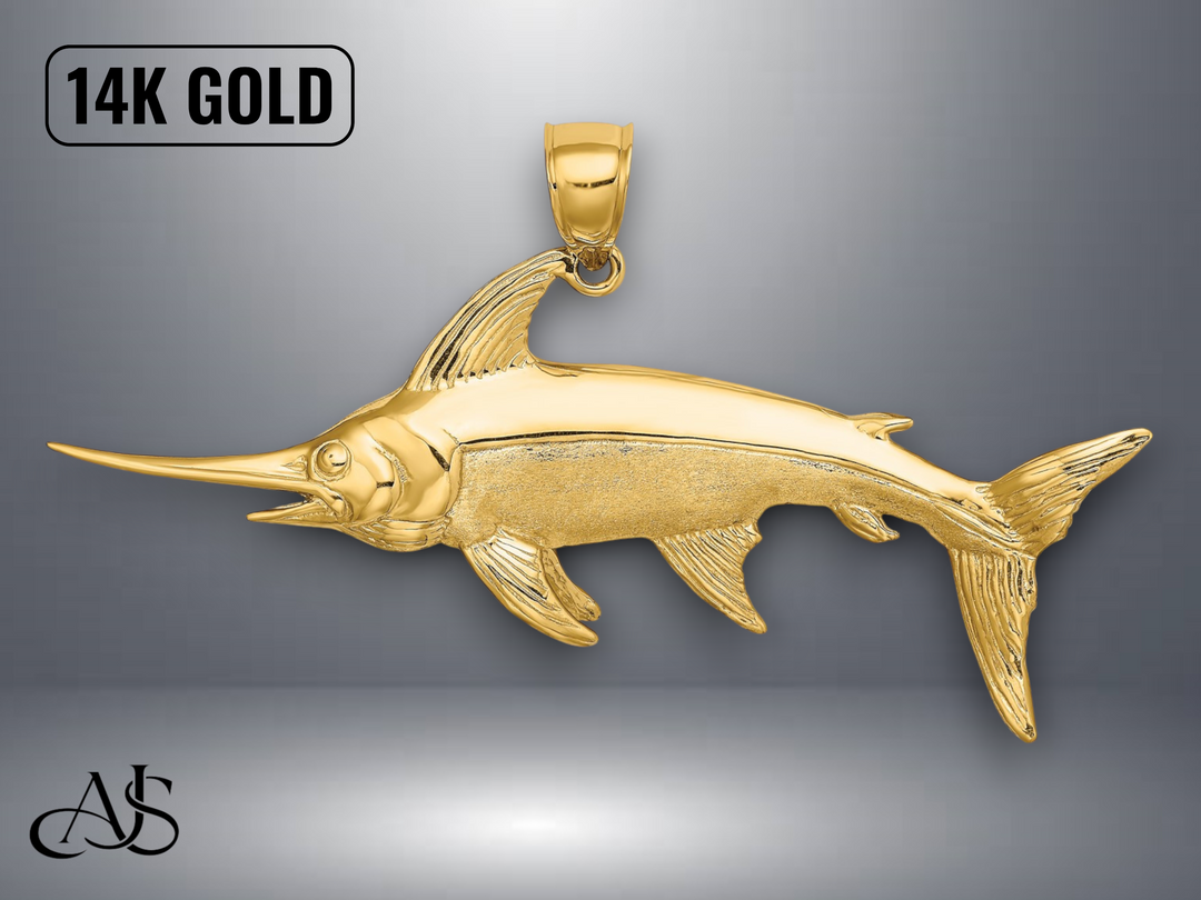 14K Yellow Gold Polished Satin Swordfish Charm with Necklace Chain Options