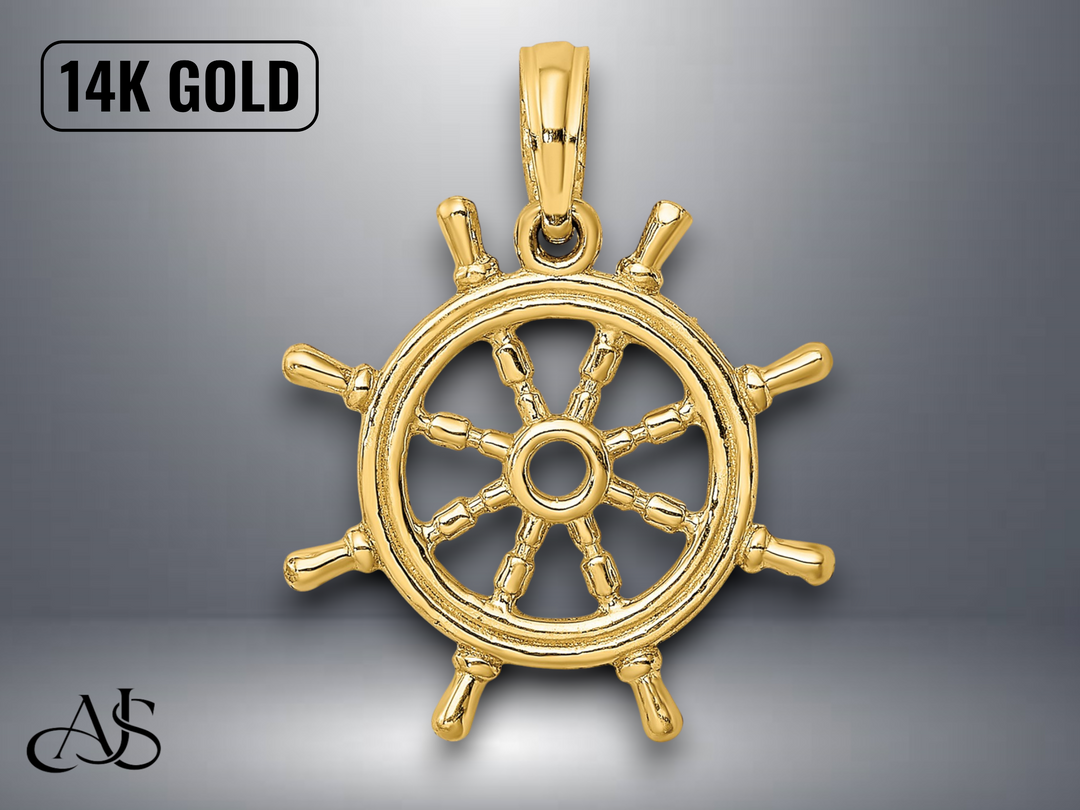 14K Yellow White Gold 3-D Ships Wheel Charm with Necklace Chain Options