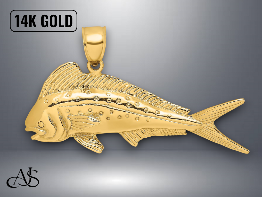 14K Yellow Gold 3-D Female / Male Dorado (Mahi-Mahi) Charm with Necklace Chain Options