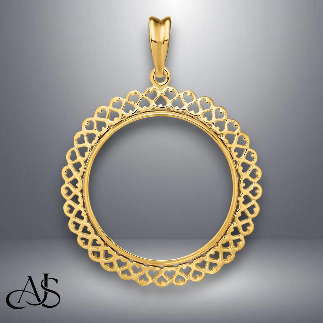 14K Gold Coin Bezel Mounting Heart Filigree Border Design for U.S. and Foreign Coins
