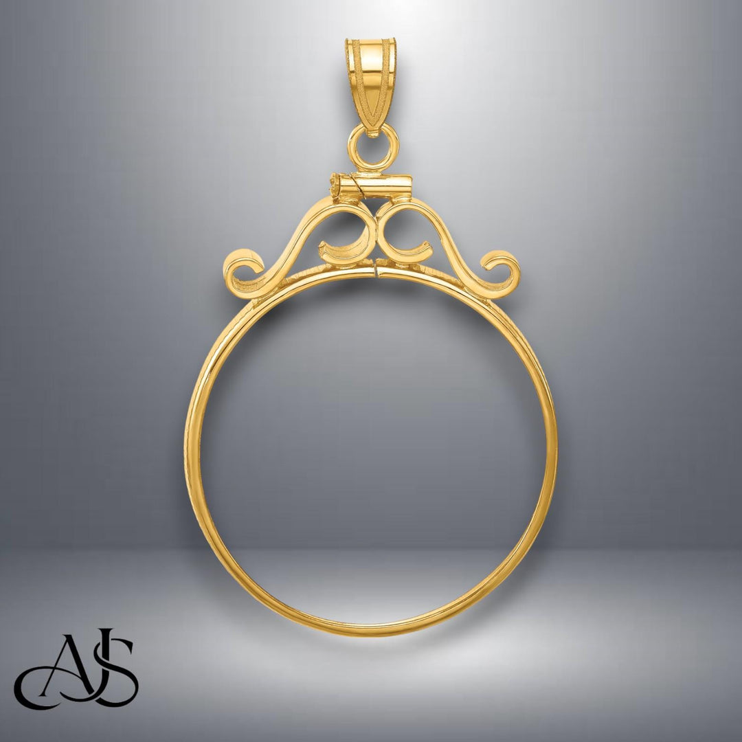 14K Gold Coin Bezel: English Scroll Top Mounting