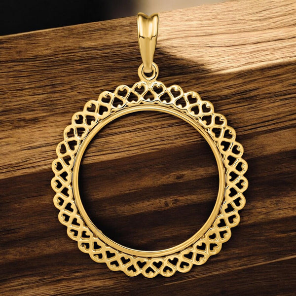 14K Gold Coin Bezel Mounting Heart Filigree Border Design for U.S. and Foreign Coins