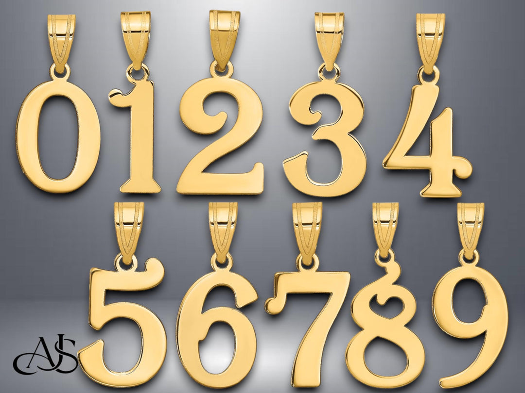 14K Solid Gold Number Pendant: Polished Yellow or White Gold Charm
