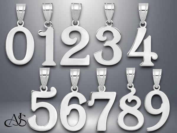 14K Solid Gold Number Pendant: Polished Yellow or White Gold Charm