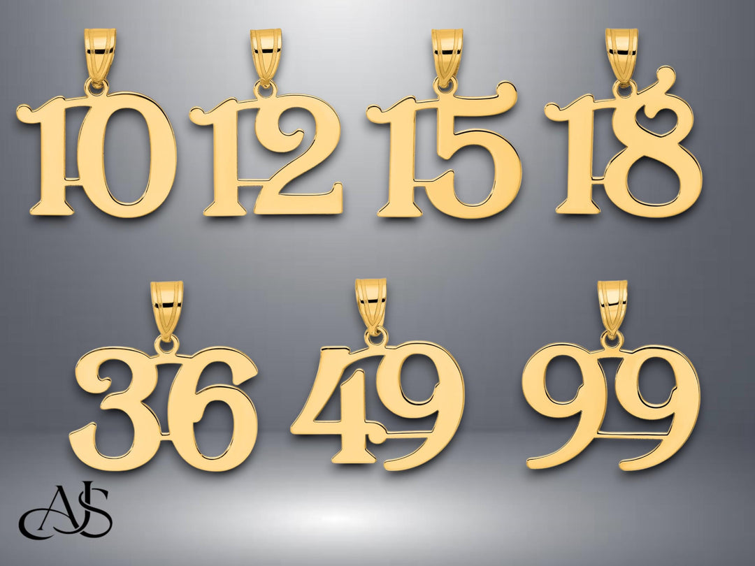 14K Solid Gold Number Pendant: Polished Yellow or White Gold Charm