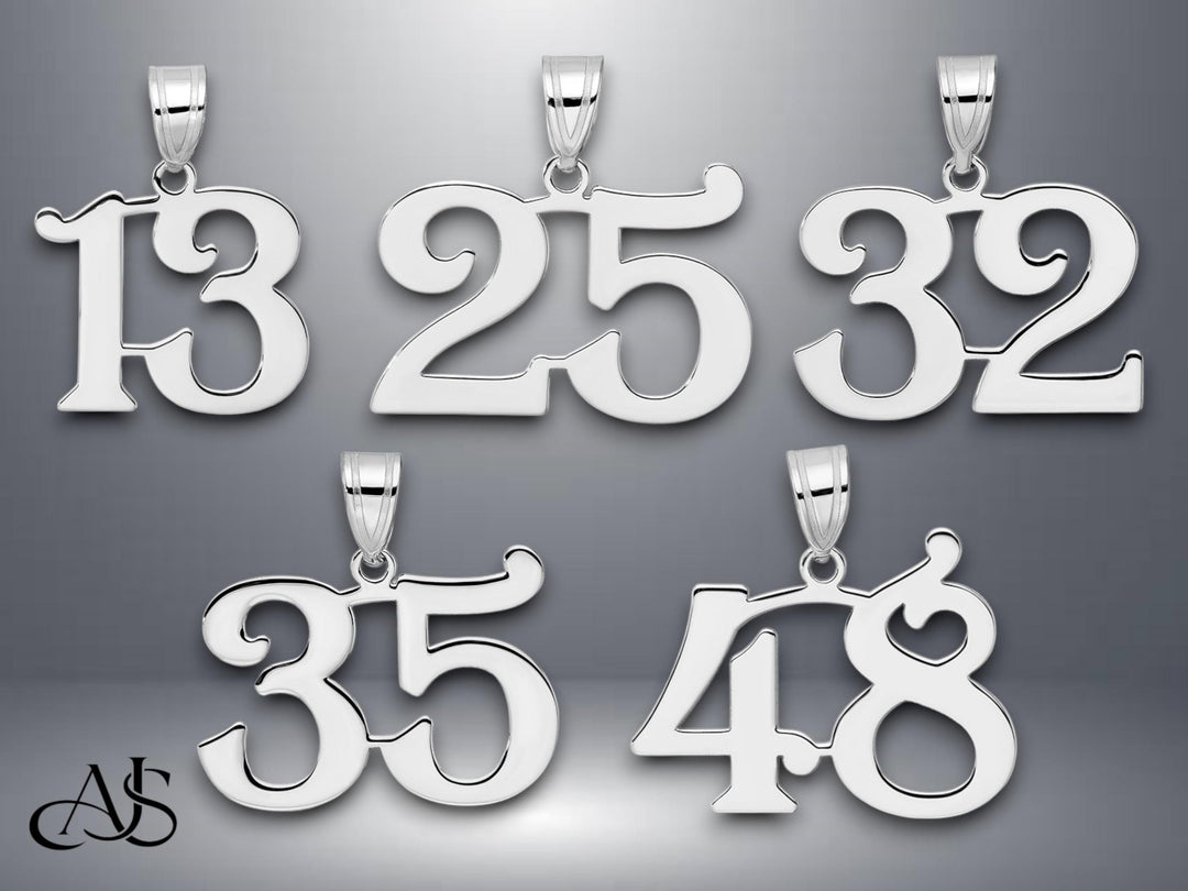 14K Solid Gold Number Pendant: Polished Yellow or White Gold Charm