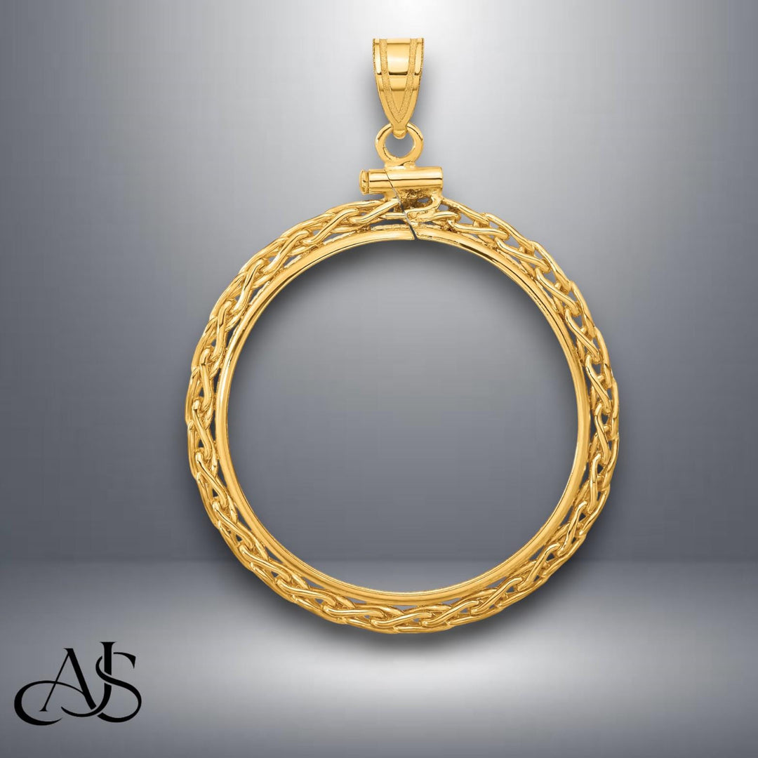 14K Gold Coin Bezel Pendant: Wheat Chain Border, Screw Top