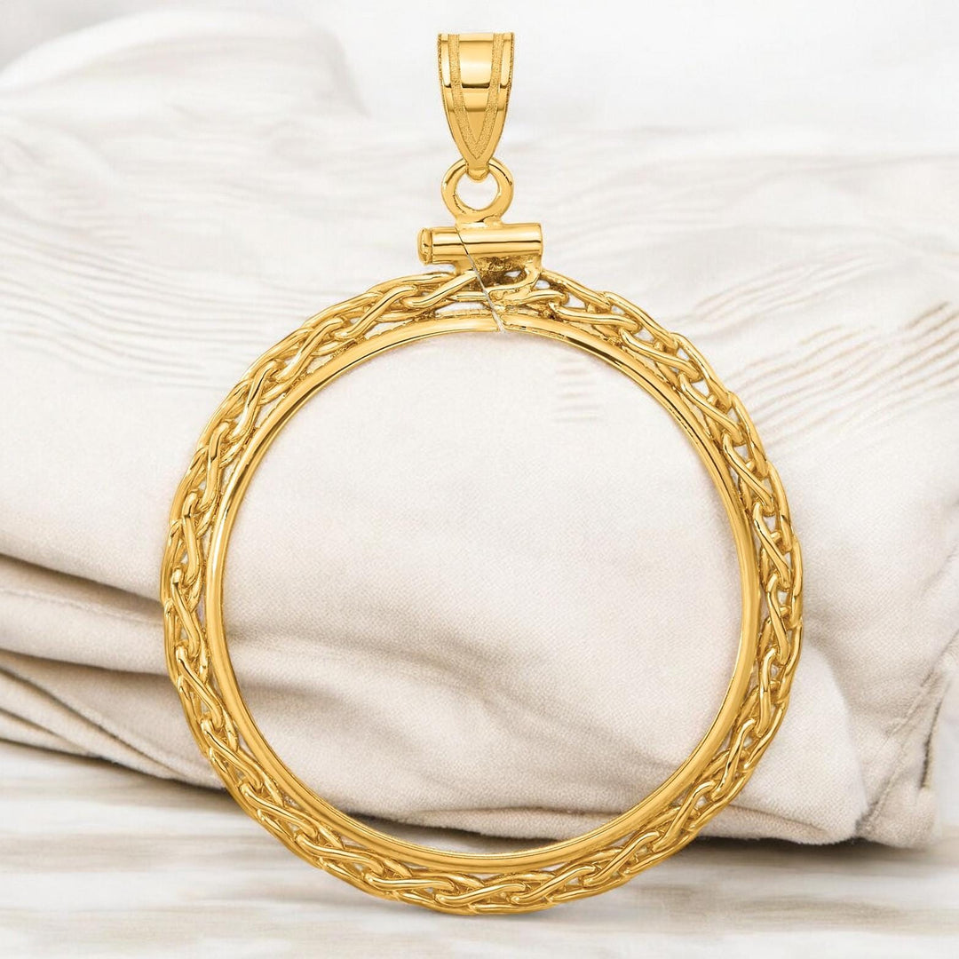 14K Gold Coin Bezel Pendant: Wheat Chain Border, Screw Top