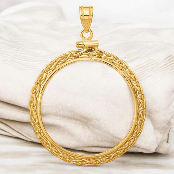 14K Gold Coin Bezel Pendant: Wheat Chain Border, Screw Top