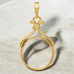 Load image into Gallery viewer, 14K Gold Coin Bezel Mounting Fancy Flourished Top Design for 14mm and 16.5mm Coins
