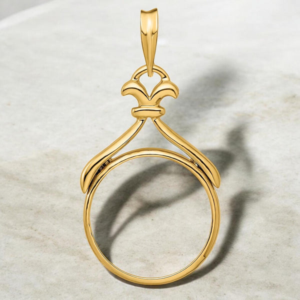 14K Gold Coin Bezel Mounting Fancy Flourished Top Design for 14mm and 16.5mm Coins