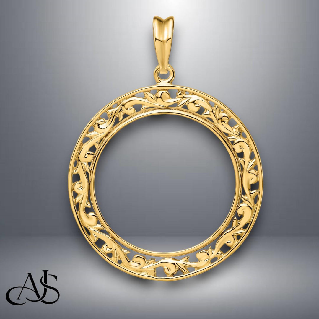 14K Gold Coin Bezel Mounting with Carved Floral Filigree Design